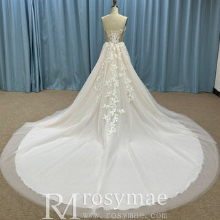 Sheer Bodice Lace Boho Wedding Dress