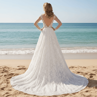 Sheer Bodice and Long Sleeve Floral Lace A-line Wedding Dress Backless - Rosymae