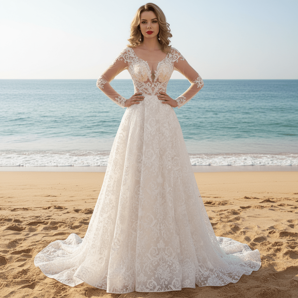 Sheer Bodice and Long Sleeve Floral Lace A-line Wedding Dress Backless - Rosymae