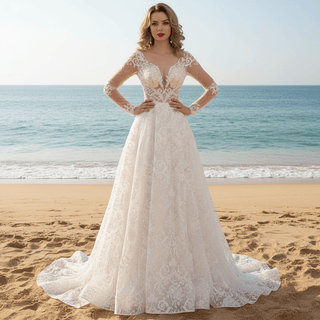 Sheer Bodice and Long Sleeve Floral Lace A-line Wedding Dress Backless - Rosymae
