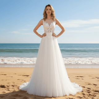 Sheer Bodice and Neckline A-line Tulle and Lace Wedding Dress - Rosymae