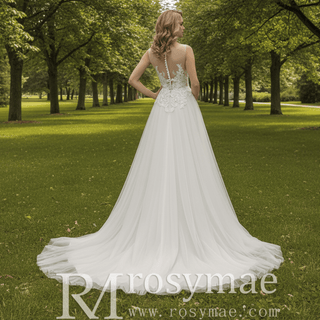 Sheer Bodice and Neckline A-line Tulle and Lace Wedding Dress - Rosymae