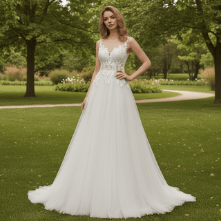 Sheer Bodice and Neckline A-line Tulle and Lace Wedding Dress - Rosymae