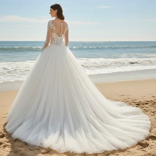 Sheer Bodice Puffy Skirt Tulle Wedding Dress with Long Sleeve