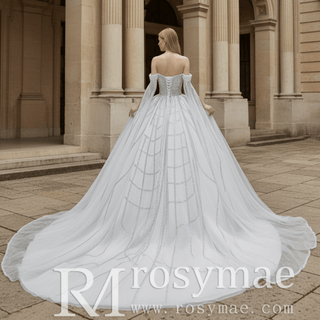 Sheer Bodice Ball Gown Wedding Dress with Cape Sleeves & Geometric Sequin Train