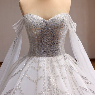Sheer Bodice Ball Gown Wedding Dress with Cape Sleeves & Geometric Sequin Train
