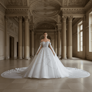 Sheer Bodice Ball Gown Wedding Dress with Cape Sleeves & Geometric Sequin Train