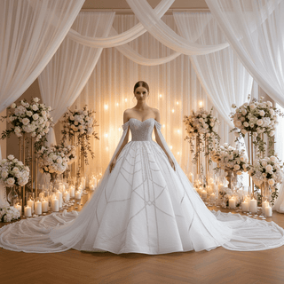 Sheer Bodice Ball Gown Wedding Dress with Cape Sleeves & Geometric Sequin Train