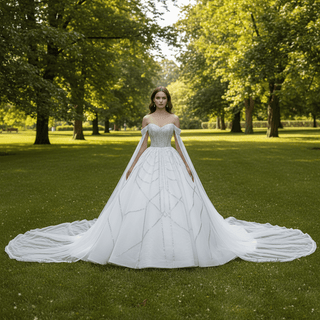 Sheer Bodice Ball Gown Wedding Dress with Cape Sleeves & Geometric Sequin Train