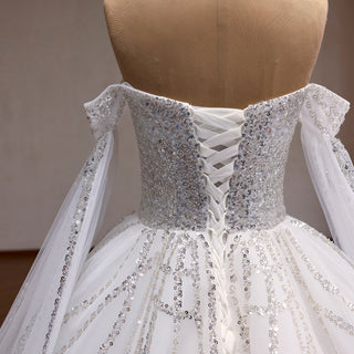 Sheer Bodice Ball Gown Wedding Dress with Cape Sleeves & Geometric Sequin Train