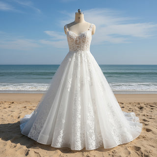 Elegant A Line Sheer Bodice Lace Appliqued Wedding Dress with Low Back