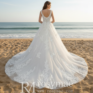 Elegant A Line Sheer Bodice Lace Appliqued Wedding Dress with Low Back