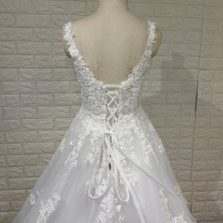 Elegant A Line Sheer Bodice Lace Appliqued Wedding Dress with Low Back