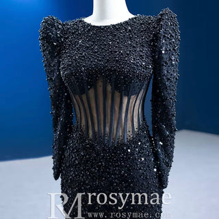 Sheer Bodice Black Mermaid Evening Dress Prom Gown with Long Sleeve - Rosymae