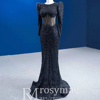 Sheer Bodice Black Mermaid Evening Dress Prom Gown with Long Sleeve - Rosymae
