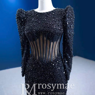 Sheer Bodice Black Mermaid Evening Dress Prom Gown with Long Sleeve - Rosymae
