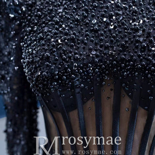 Sheer Bodice Black Mermaid Evening Dress Prom Gown with Long Sleeve - Rosymae