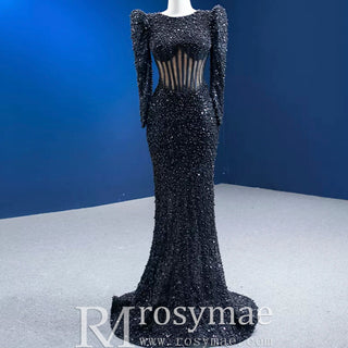 Sheer Bodice Black Mermaid Evening Dress Prom Gown with Long Sleeve - Rosymae