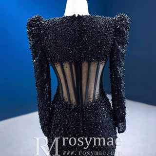 Sheer Bodice Black Mermaid Evening Dress Prom Gown with Long Sleeve - Rosymae