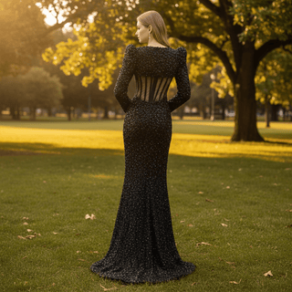 Sheer Bodice Black Mermaid Evening Dress Prom Gown with Long Sleeve - Rosymae