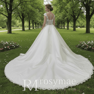 Sheer Bodice Capped Sleeve Satin Wedding Dresses with Lace - Rosymae