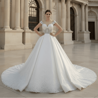 Sheer Bodice Capped Sleeve Satin Wedding Dresses with Lace - Rosymae