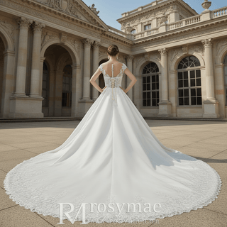 Sheer Bodice Capped Sleeve Satin Wedding Dresses with Lace - Rosymae