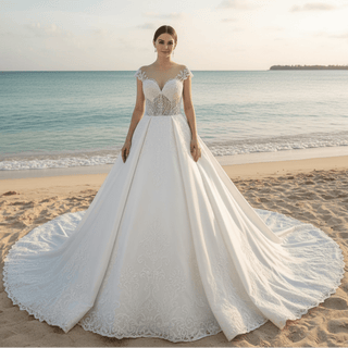 Sheer Bodice Capped Sleeve Satin Wedding Dresses with Lace - Rosymae