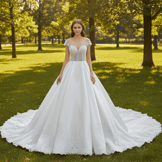 Sheer Bodice Capped Sleeve Satin Wedding Dresses with Lace - Rosymae