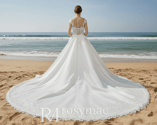 Sheer Bodice Capped Sleeve Satin Wedding Dresses with Lace - Rosymae