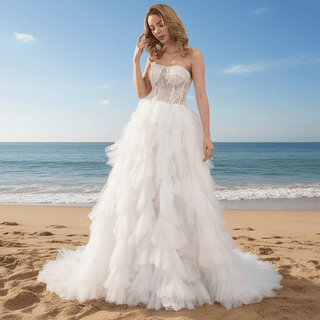 Sheer Bodice Curve Ballgown Ruched Tulle Wedding Dress - Rosymae