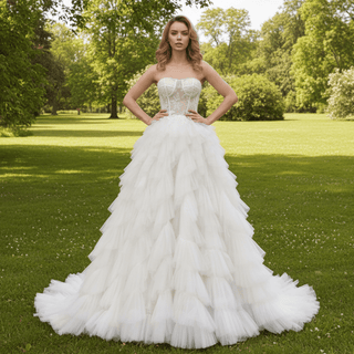 Sheer Bodice Curve Ballgown Ruched Tulle Wedding Dress - Rosymae