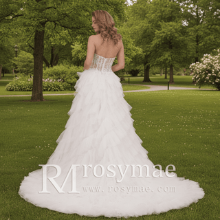 Sheer Bodice Curve Ballgown Ruched Tulle Wedding Dress - Rosymae