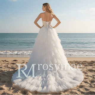 Sheer Bodice Curve Ballgown Ruched Tulle Wedding Dress - Rosymae