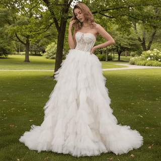 Sheer Bodice Curve Ballgown Ruched Tulle Wedding Dress - Rosymae