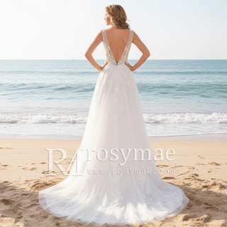 Sheer Bodice Deep Double V Tank Top Bridal Gown Wedding Dress - Rosymae