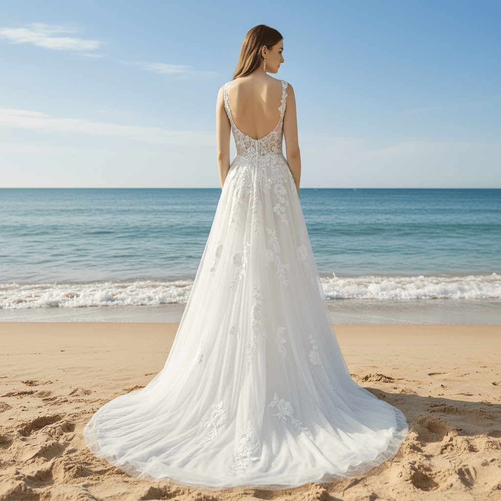 Sheer Bodice Elegant Tulle Lace A-line Wedding Dress with Vneck - Rosymae