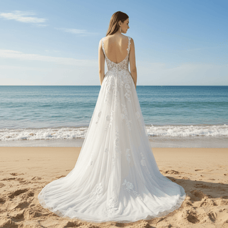 Sheer Bodice Elegant Tulle Lace A-line Wedding Dress with Vneck - Rosymae