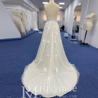 Sheer Bodice Elegant Tulle Lace A-line Wedding Dress with Vneck - Rosymae