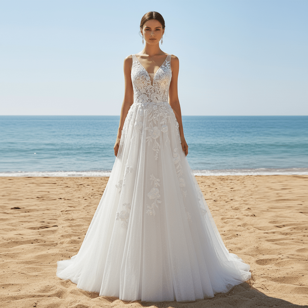Sheer Bodice Elegant Tulle Lace A-line Wedding Dress with Vneck - Rosymae