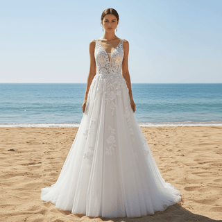 Sheer Bodice Elegant Tulle Lace A-line Wedding Dress with Vneck - Rosymae