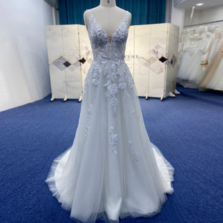 Sheer Bodice Elegant Tulle Lace A-line Wedding Dress with Vneck - Rosymae