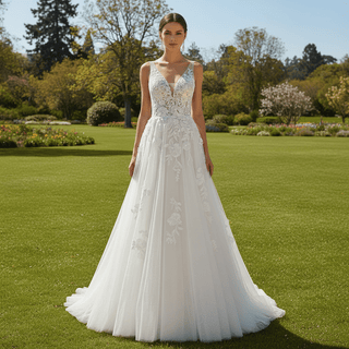 Sheer Bodice Elegant Tulle Lace A-line Wedding Dress with Vneck - Rosymae