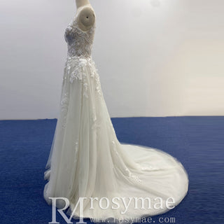 Sheer Bodice Elegant Tulle Lace A-line Wedding Dress with Vneck - Rosymae