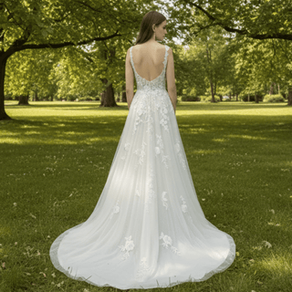 Sheer Bodice Elegant Tulle Lace A-line Wedding Dress with Vneck - Rosymae