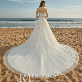 Sheer Bodice Lace Boho Wedding Dress with Off Shoulder Sleeve - Rosymae