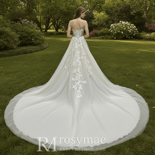 Sheer Bodice Lace Boho Wedding Dress with Off Shoulder Sleeve - Rosymae