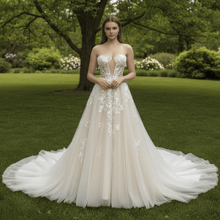 Sheer Bodice Lace Boho Wedding Dress with Off Shoulder Sleeve - Rosymae