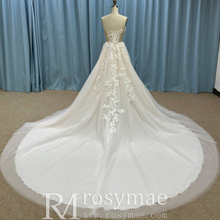 Sheer Bodice Lace Boho Wedding Dress with Off Shoulder Sleeve - Rosymae