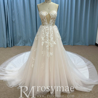 Sheer Bodice Lace Boho Wedding Dress with Off Shoulder Sleeve - Rosymae